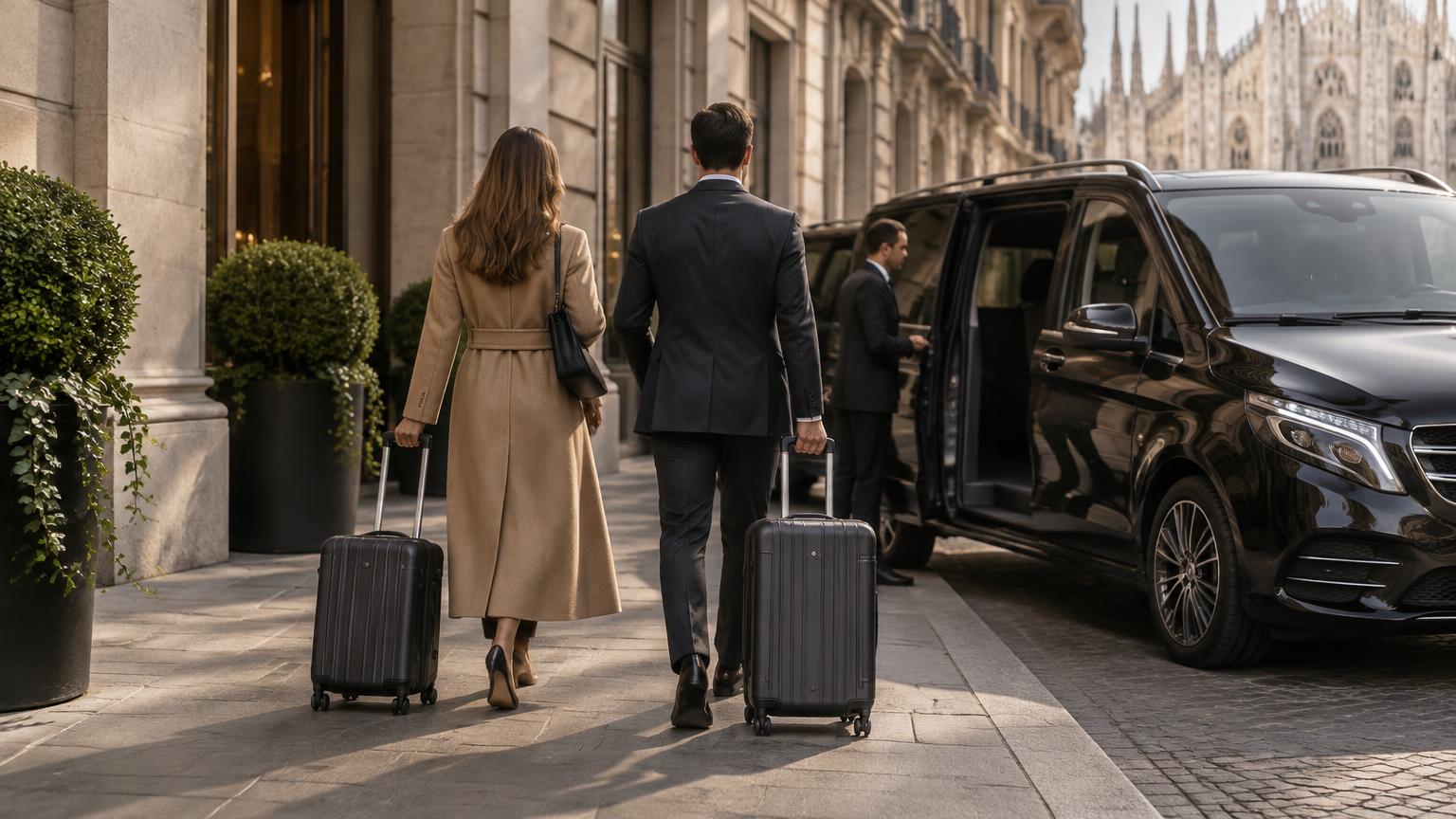 Due ospiti eleganti con il trolley raggiungono la Mercedes Classe V davanti a un hotel di Milano